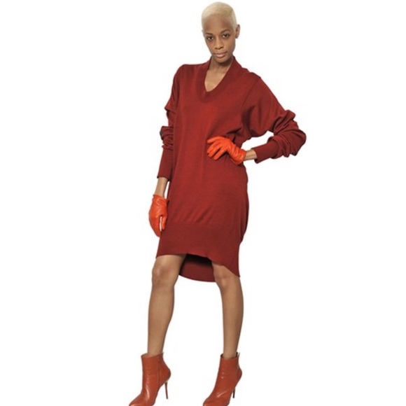 Maison Martin Margiela Burgundy Wool Leather Elbow Patch Sweater Dress XS - Picture 1 of 7